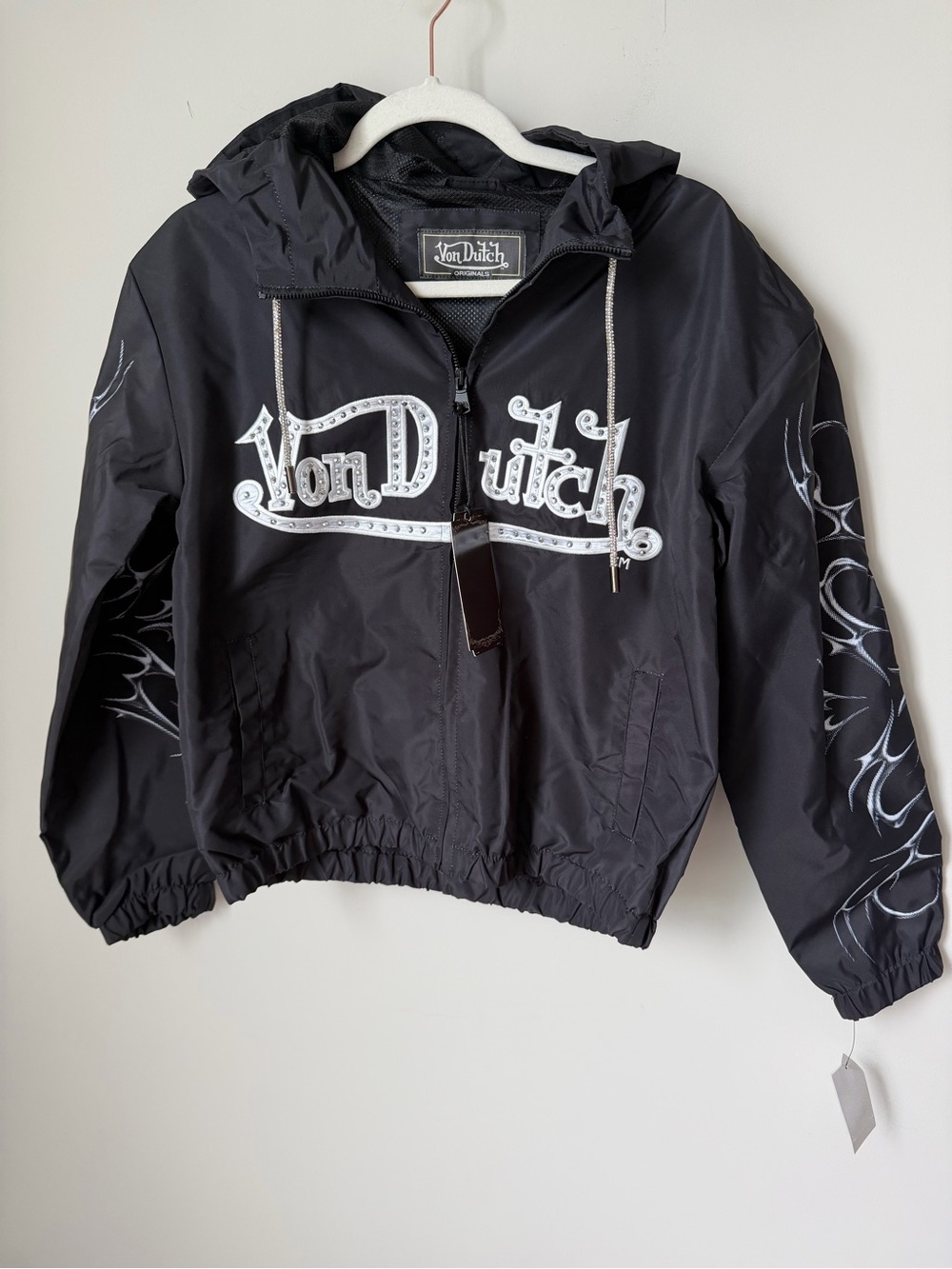 Von Dutch Black white rhinestone Logo hooded Windbreaker jacket